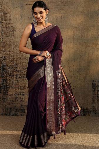 purple solid saree with unstitched blouse piece
