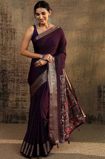 purple solid saree with unstitched blouse piece