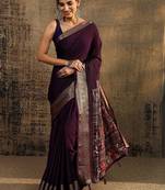 purple solid saree with unstitched blouse piece