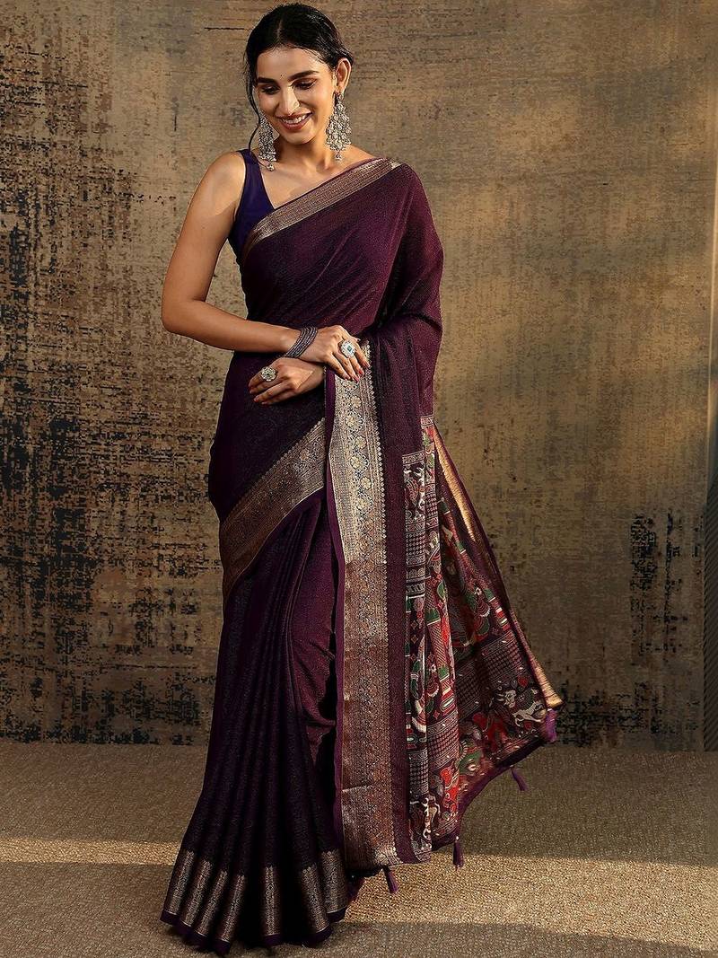 purple solid saree with unstitched blouse piece