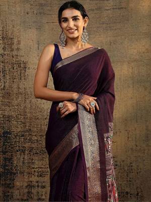 purple solid saree with unstitched blouse piece 2