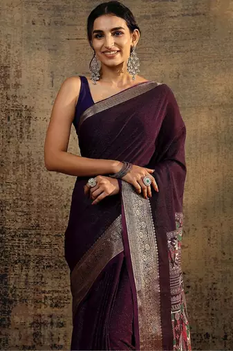 purple solid saree with unstitched blouse piece