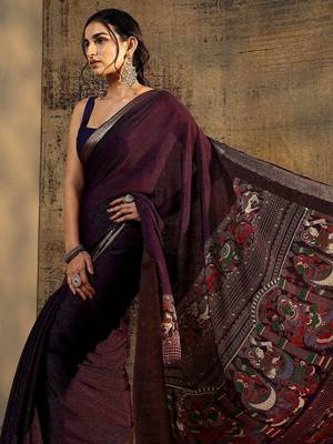 purple solid saree with unstitched blouse piece 3