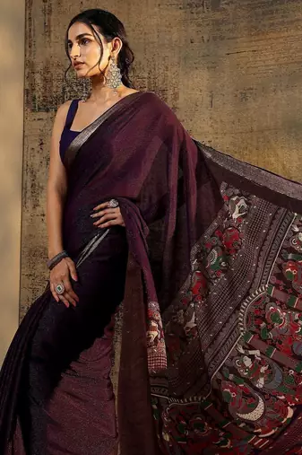 purple solid saree with unstitched blouse piece