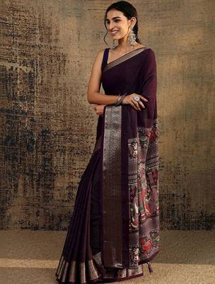 purple solid saree with unstitched blouse piece 4