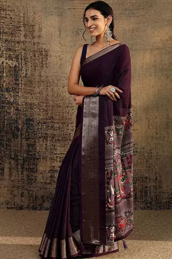 purple solid saree with unstitched blouse piece