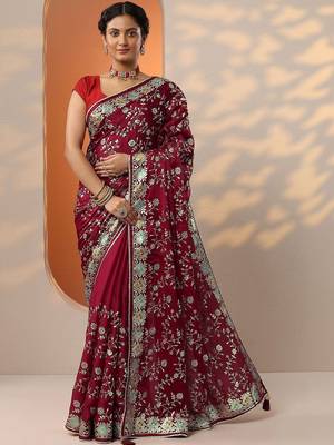maroon embroidered satin saree with unstitched blouse piece 1