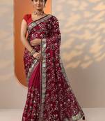 maroon embroidered satin saree with unstitched blouse piece