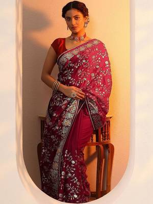 maroon embroidered satin saree with unstitched blouse piece 2