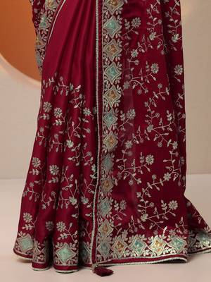 maroon embroidered satin saree with unstitched blouse piece 3