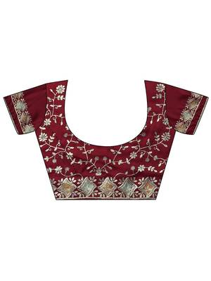 maroon embroidered satin saree with unstitched blouse piece 4