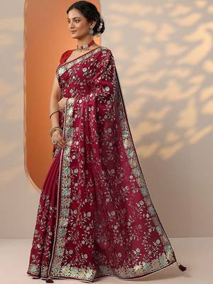 maroon embroidered satin saree with unstitched blouse piece 5