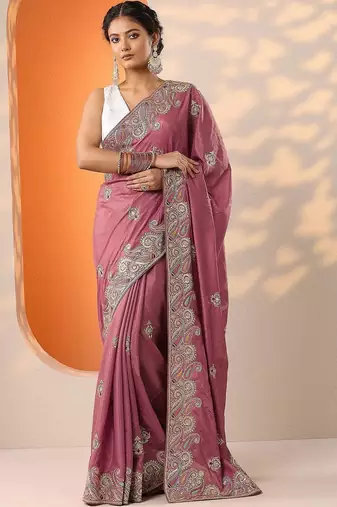 pink embroidered chinon saree with unstitched blouse piece