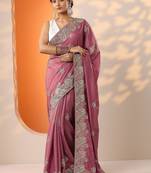 pink embroidered chinon saree with unstitched blouse piece