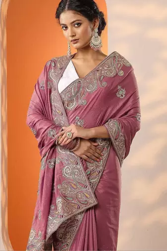 pink embroidered chinon saree with unstitched blouse piece