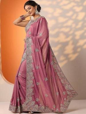 pink embroidered chinon saree with unstitched blouse piece 4