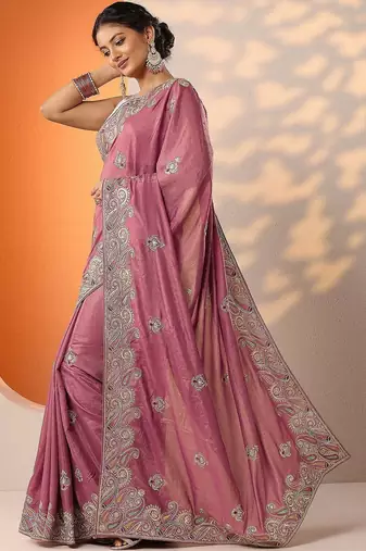 pink embroidered chinon saree with unstitched blouse piece