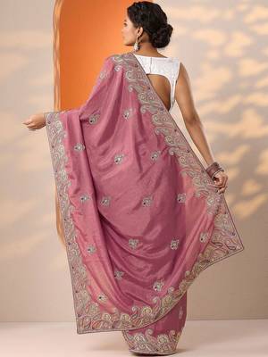 pink embroidered chinon saree with unstitched blouse piece 5