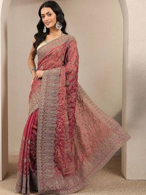 rose embroidered saree with unstitched blouse piece 3