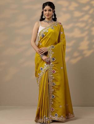 yellow embroidered chinon saree with unstitched blouse piece 1