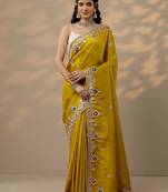 yellow embroidered chinon saree with unstitched blouse piece