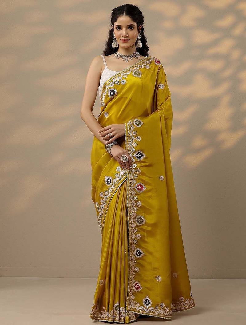 yellow embroidered chinon saree with unstitched blouse piece