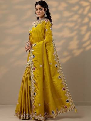yellow embroidered chinon saree with unstitched blouse piece 2
