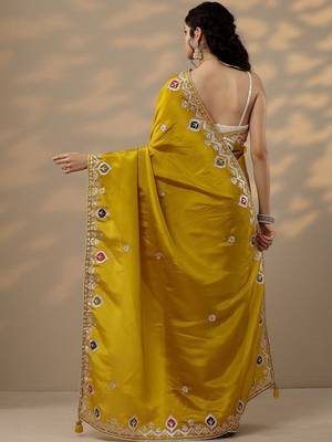 yellow embroidered chinon saree with unstitched blouse piece 3