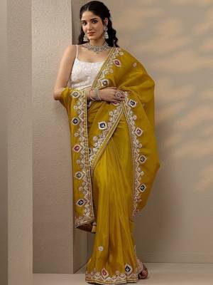 yellow embroidered chinon saree with unstitched blouse piece 5