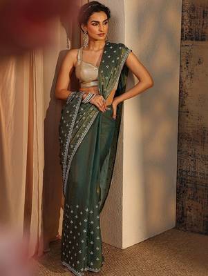 green floral embellished satin saree with unstitched blouse piece 1