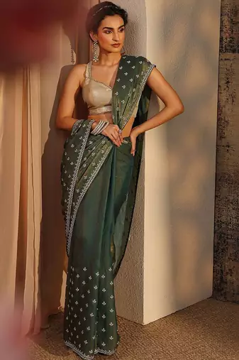 green floral embellished satin saree with unstitched blouse piece