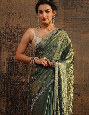 green floral embellished satin saree with unstitched blouse piece 2