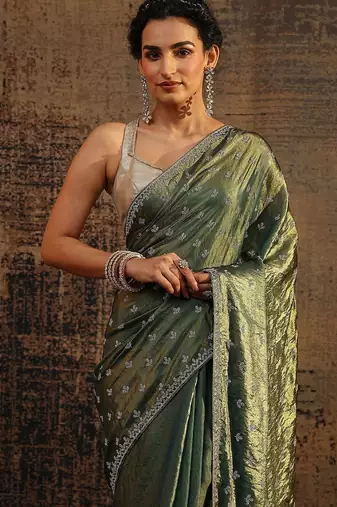 green floral embellished satin saree with unstitched blouse piece