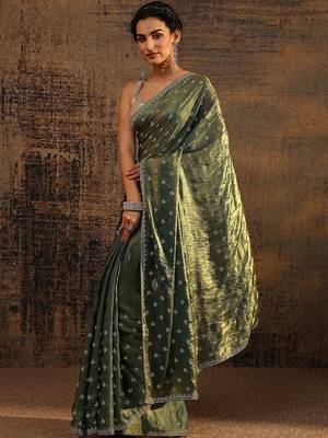 green floral embellished satin saree with unstitched blouse piece 3