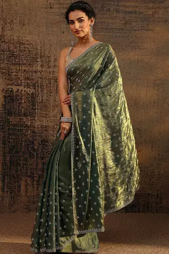 green floral embellished satin saree with unstitched blouse piece