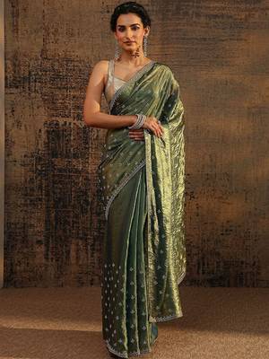 green floral embellished satin saree with unstitched blouse piece 4