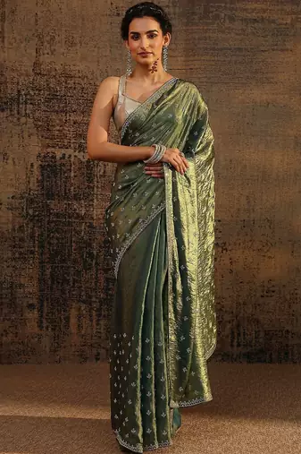 green floral embellished satin saree with unstitched blouse piece