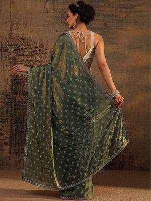 green floral embellished satin saree with unstitched blouse piece 5