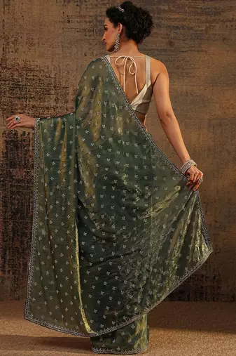 green floral embellished satin saree with unstitched blouse piece
