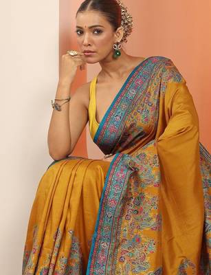 mustard printed saree with unstitched blouse piece 1
