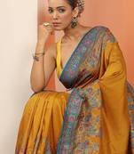 mustard printed saree with unstitched blouse piece