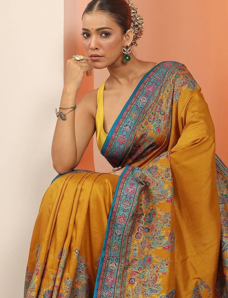 mustard printed saree with unstitched blouse piece
