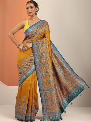 mustard printed saree with unstitched blouse piece 2
