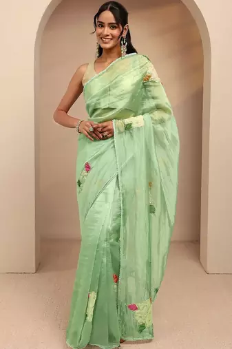 lime green applique embellished organza saree