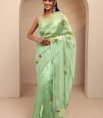 lime green applique embellished organza saree