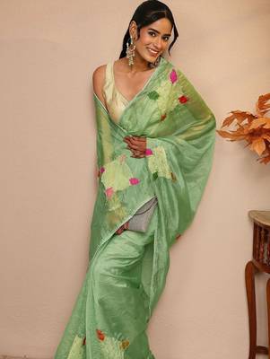lime green applique embellished organza saree 3
