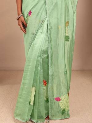 lime green applique embellished organza saree 4