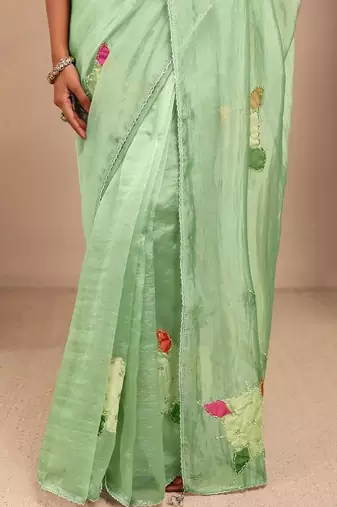 lime green applique embellished organza saree