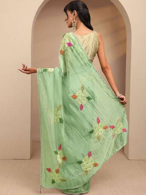 lime green applique embellished organza saree 5