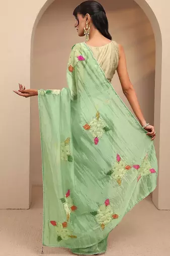 lime green applique embellished organza saree